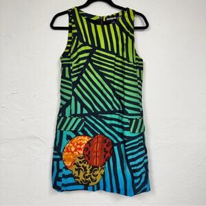 Desigual Blue Green Striped Mini Sheath Dress Womens 8 Sleeveless Artsy Cotton